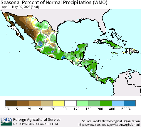 Mexico Central America and the Caribbean Seasonal Percent of Normal Precipitation (WMO) Thematic Map For 4/1/2022 - 5/10/2022
