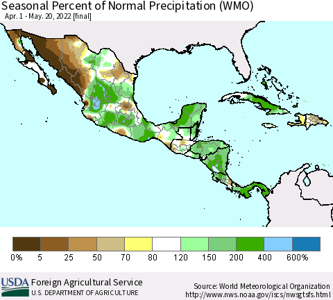 Mexico Central America and the Caribbean Seasonal Percent of Normal Precipitation (WMO) Thematic Map For 4/1/2022 - 5/20/2022