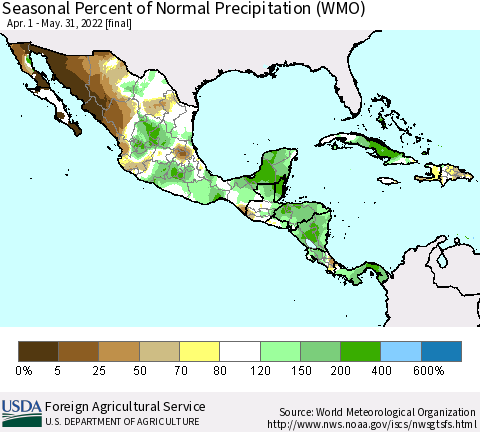 Mexico Central America and the Caribbean Seasonal Percent of Normal Precipitation (WMO) Thematic Map For 4/1/2022 - 5/31/2022