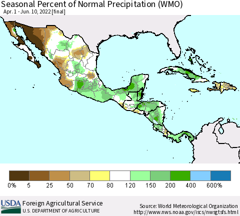 Mexico Central America and the Caribbean Seasonal Percent of Normal Precipitation (WMO) Thematic Map For 4/1/2022 - 6/10/2022