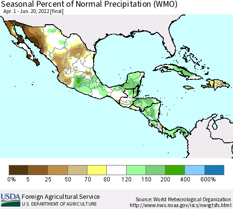 Mexico Central America and the Caribbean Seasonal Percent of Normal Precipitation (WMO) Thematic Map For 4/1/2022 - 6/20/2022