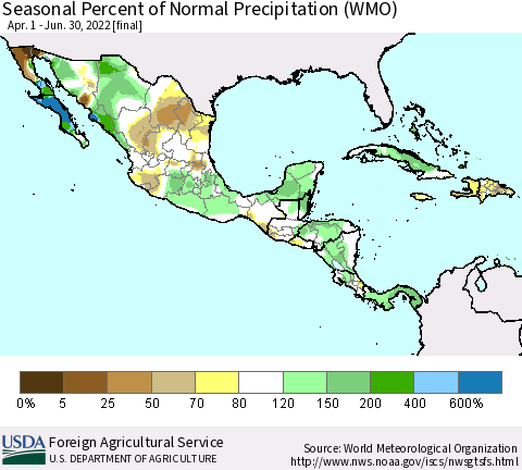 Mexico Central America and the Caribbean Seasonal Percent of Normal Precipitation (WMO) Thematic Map For 4/1/2022 - 6/30/2022
