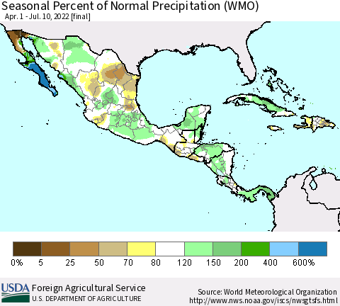 Mexico Central America and the Caribbean Seasonal Percent of Normal Precipitation (WMO) Thematic Map For 4/1/2022 - 7/10/2022