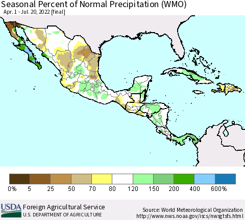 Mexico Central America and the Caribbean Seasonal Percent of Normal Precipitation (WMO) Thematic Map For 4/1/2022 - 7/20/2022