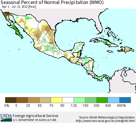 Mexico Central America and the Caribbean Seasonal Percent of Normal Precipitation (WMO) Thematic Map For 4/1/2022 - 7/31/2022