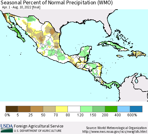 Mexico Central America and the Caribbean Seasonal Percent of Normal Precipitation (WMO) Thematic Map For 4/1/2022 - 8/10/2022