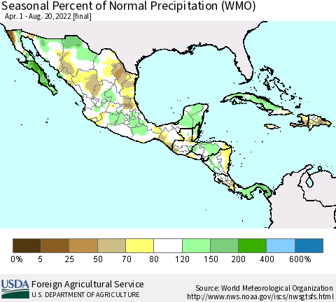 Mexico Central America and the Caribbean Seasonal Percent of Normal Precipitation (WMO) Thematic Map For 4/1/2022 - 8/20/2022