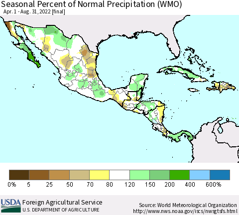 Mexico Central America and the Caribbean Seasonal Percent of Normal Precipitation (WMO) Thematic Map For 4/1/2022 - 8/31/2022
