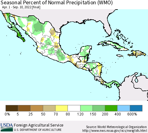Mexico Central America and the Caribbean Seasonal Percent of Normal Precipitation (WMO) Thematic Map For 4/1/2022 - 9/10/2022