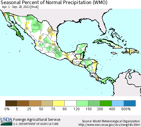 Mexico Central America and the Caribbean Seasonal Percent of Normal Precipitation (WMO) Thematic Map For 4/1/2022 - 9/20/2022