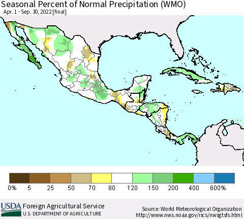Mexico Central America and the Caribbean Seasonal Percent of Normal Precipitation (WMO) Thematic Map For 4/1/2022 - 9/30/2022