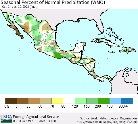 Mexico Central America and the Caribbean Seasonal Percent of Normal Precipitation (WMO) Thematic Map For 10/1/2022 - 1/10/2023