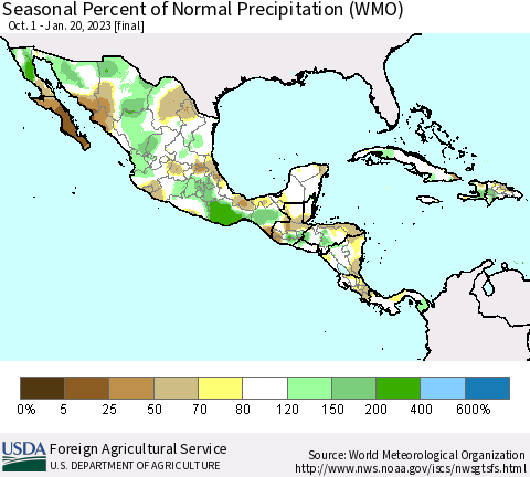 Mexico Central America and the Caribbean Seasonal Percent of Normal Precipitation (WMO) Thematic Map For 10/1/2022 - 1/20/2023