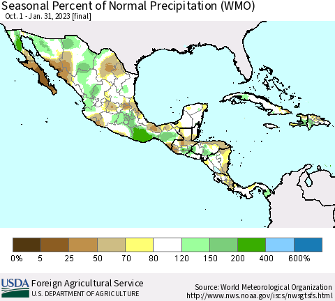 Mexico Central America and the Caribbean Seasonal Percent of Normal Precipitation (WMO) Thematic Map For 10/1/2022 - 1/31/2023