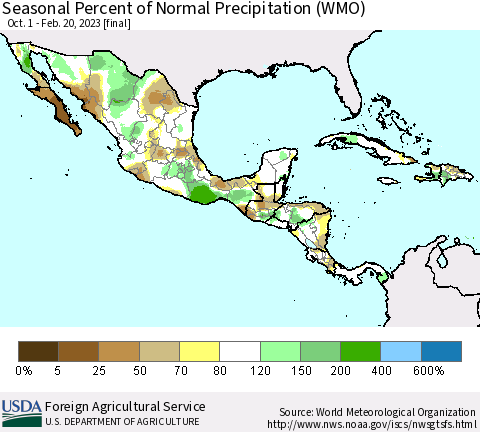 Mexico Central America and the Caribbean Seasonal Percent of Normal Precipitation (WMO) Thematic Map For 10/1/2022 - 2/20/2023