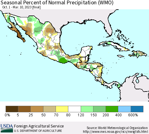 Mexico Central America and the Caribbean Seasonal Percent of Normal Precipitation (WMO) Thematic Map For 10/1/2022 - 3/10/2023