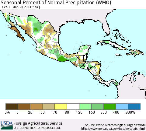 Mexico Central America and the Caribbean Seasonal Percent of Normal Precipitation (WMO) Thematic Map For 10/1/2022 - 3/20/2023