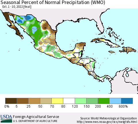 Mexico Central America and the Caribbean Seasonal Percent of Normal Precipitation (WMO) Thematic Map For 10/1/2022 - 10/10/2022