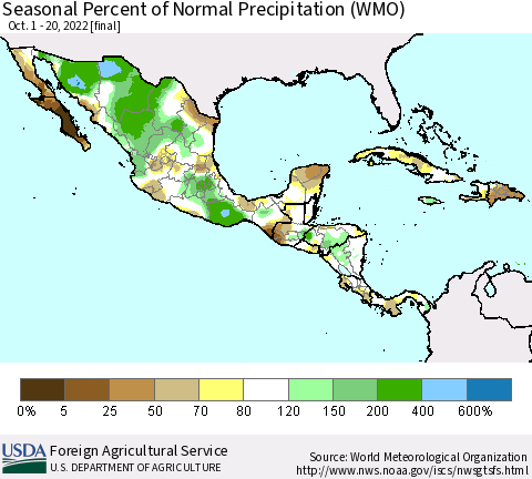 Mexico Central America and the Caribbean Seasonal Percent of Normal Precipitation (WMO) Thematic Map For 10/1/2022 - 10/20/2022