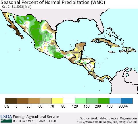 Mexico Central America and the Caribbean Seasonal Percent of Normal Precipitation (WMO) Thematic Map For 10/1/2022 - 10/31/2022