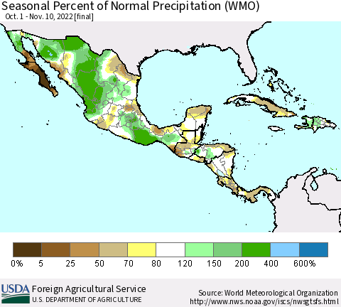 Mexico Central America and the Caribbean Seasonal Percent of Normal Precipitation (WMO) Thematic Map For 10/1/2022 - 11/10/2022