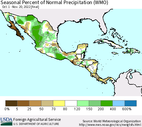 Mexico Central America and the Caribbean Seasonal Percent of Normal Precipitation (WMO) Thematic Map For 10/1/2022 - 11/20/2022