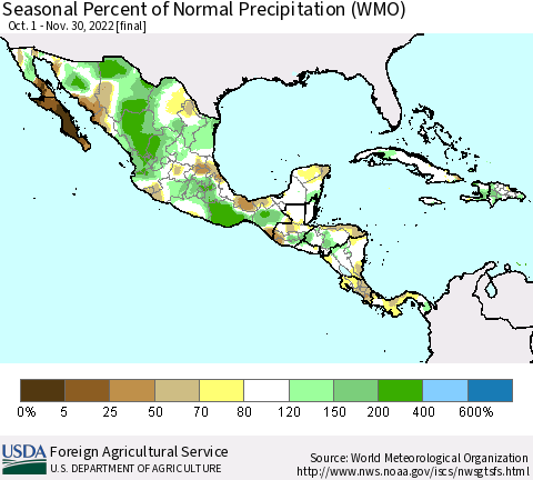 Mexico Central America and the Caribbean Seasonal Percent of Normal Precipitation (WMO) Thematic Map For 10/1/2022 - 11/30/2022