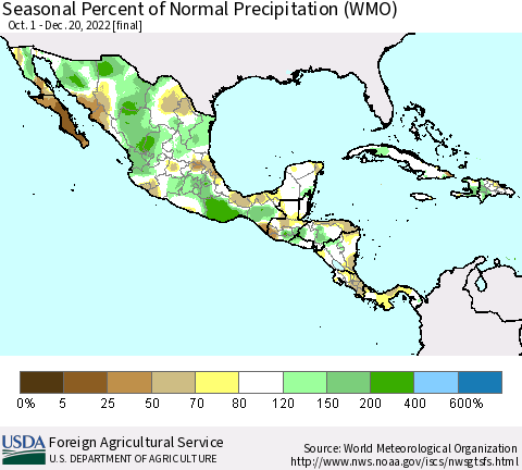 Mexico Central America and the Caribbean Seasonal Percent of Normal Precipitation (WMO) Thematic Map For 10/1/2022 - 12/20/2022