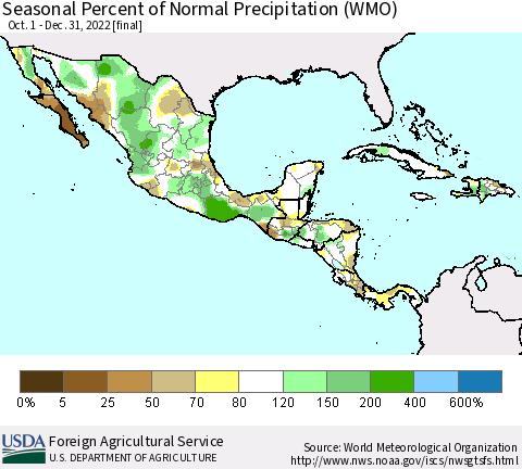 Mexico Central America and the Caribbean Seasonal Percent of Normal Precipitation (WMO) Thematic Map For 10/1/2022 - 12/31/2022