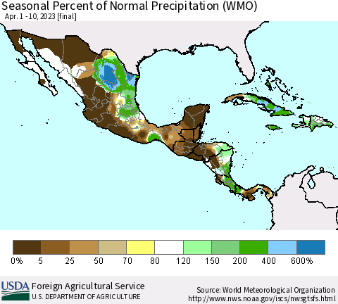 Mexico Central America and the Caribbean Seasonal Percent of Normal Precipitation (WMO) Thematic Map For 4/1/2023 - 4/10/2023