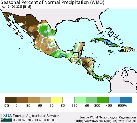 Mexico Central America and the Caribbean Seasonal Percent of Normal Precipitation (WMO) Thematic Map For 4/1/2023 - 4/20/2023