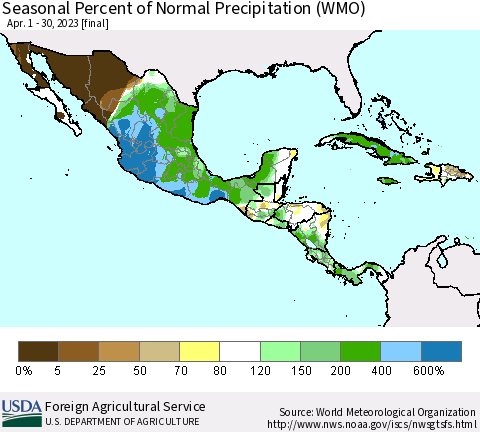 Mexico Central America and the Caribbean Seasonal Percent of Normal Precipitation (WMO) Thematic Map For 4/1/2023 - 4/30/2023
