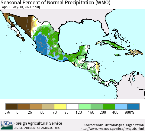 Mexico Central America and the Caribbean Seasonal Percent of Normal Precipitation (WMO) Thematic Map For 4/1/2023 - 5/10/2023