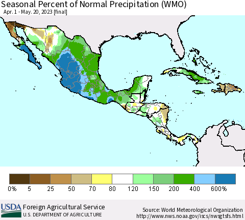 Mexico Central America and the Caribbean Seasonal Percent of Normal Precipitation (WMO) Thematic Map For 4/1/2023 - 5/20/2023