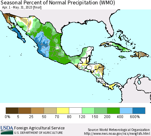 Mexico Central America and the Caribbean Seasonal Percent of Normal Precipitation (WMO) Thematic Map For 4/1/2023 - 5/31/2023