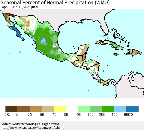 Mexico Central America and the Caribbean Seasonal Percent of Normal Precipitation (WMO) Thematic Map For 4/1/2023 - 6/10/2023