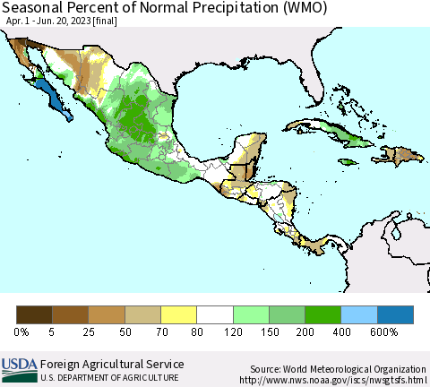 Mexico Central America and the Caribbean Seasonal Percent of Normal Precipitation (WMO) Thematic Map For 4/1/2023 - 6/20/2023