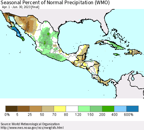 Mexico Central America and the Caribbean Seasonal Percent of Normal Precipitation (WMO) Thematic Map For 4/1/2023 - 6/30/2023