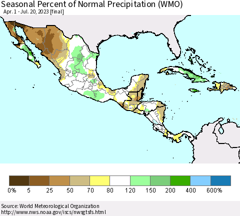 Mexico Central America and the Caribbean Seasonal Percent of Normal Precipitation (WMO) Thematic Map For 4/1/2023 - 7/20/2023
