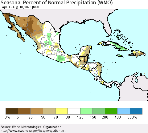 Mexico Central America and the Caribbean Seasonal Percent of Normal Precipitation (WMO) Thematic Map For 4/1/2023 - 8/10/2023