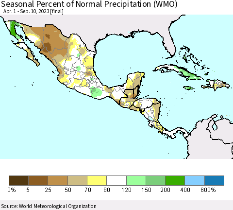 Mexico Central America and the Caribbean Seasonal Percent of Normal Precipitation (WMO) Thematic Map For 4/1/2023 - 9/10/2023