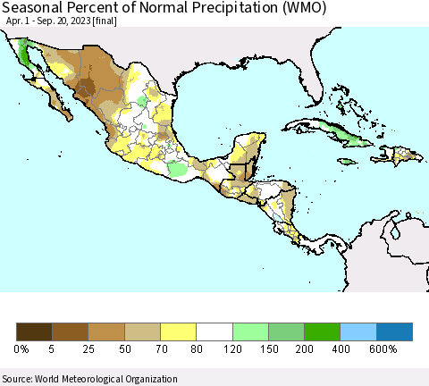 Mexico Central America and the Caribbean Seasonal Percent of Normal Precipitation (WMO) Thematic Map For 4/1/2023 - 9/20/2023