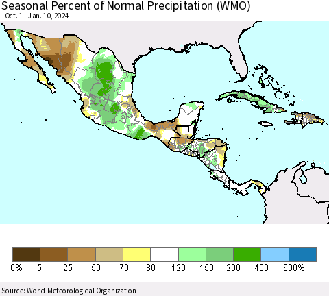 Mexico Central America and the Caribbean Seasonal Percent of Normal Precipitation (WMO) Thematic Map For 10/1/2023 - 1/10/2024