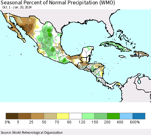 Mexico Central America and the Caribbean Seasonal Percent of Normal Precipitation (WMO) Thematic Map For 10/1/2023 - 1/20/2024