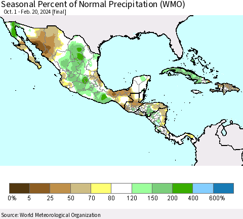 Mexico Central America and the Caribbean Seasonal Percent of Normal Precipitation (WMO) Thematic Map For 10/1/2023 - 2/20/2024