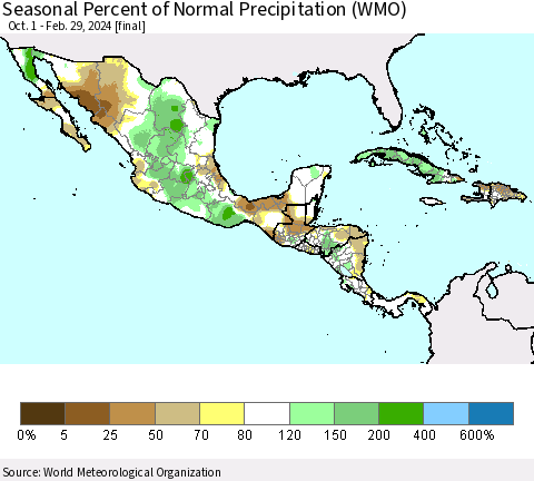 Mexico Central America and the Caribbean Seasonal Percent of Normal Precipitation (WMO) Thematic Map For 10/1/2023 - 2/29/2024