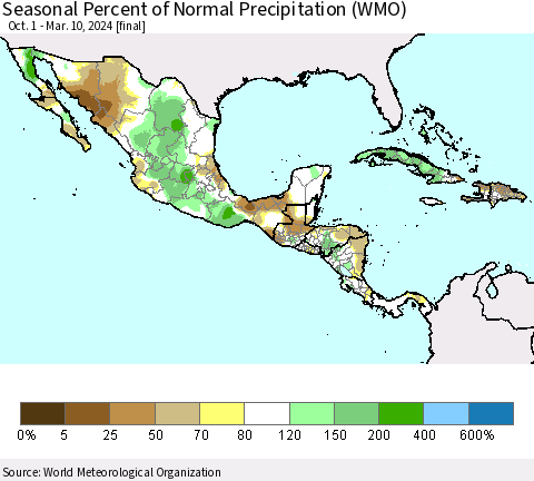 Mexico Central America and the Caribbean Seasonal Percent of Normal Precipitation (WMO) Thematic Map For 10/1/2023 - 3/10/2024