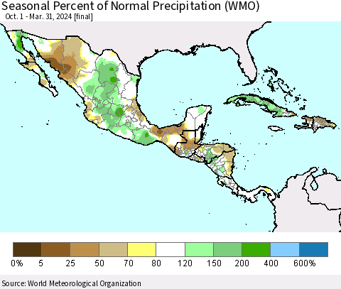 Mexico Central America and the Caribbean Seasonal Percent of Normal Precipitation (WMO) Thematic Map For 10/1/2023 - 3/31/2024