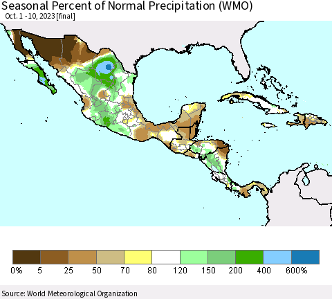 Mexico Central America and the Caribbean Seasonal Percent of Normal Precipitation (WMO) Thematic Map For 10/1/2023 - 10/10/2023