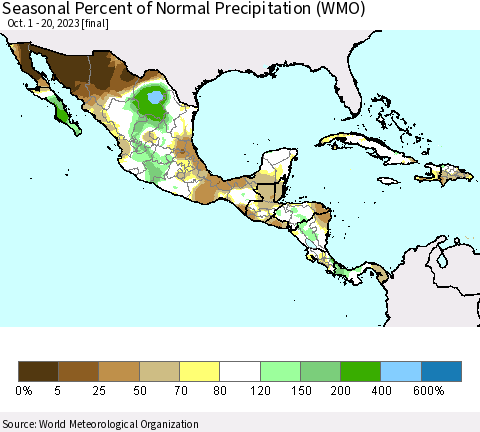 Mexico Central America and the Caribbean Seasonal Percent of Normal Precipitation (WMO) Thematic Map For 10/1/2023 - 10/20/2023